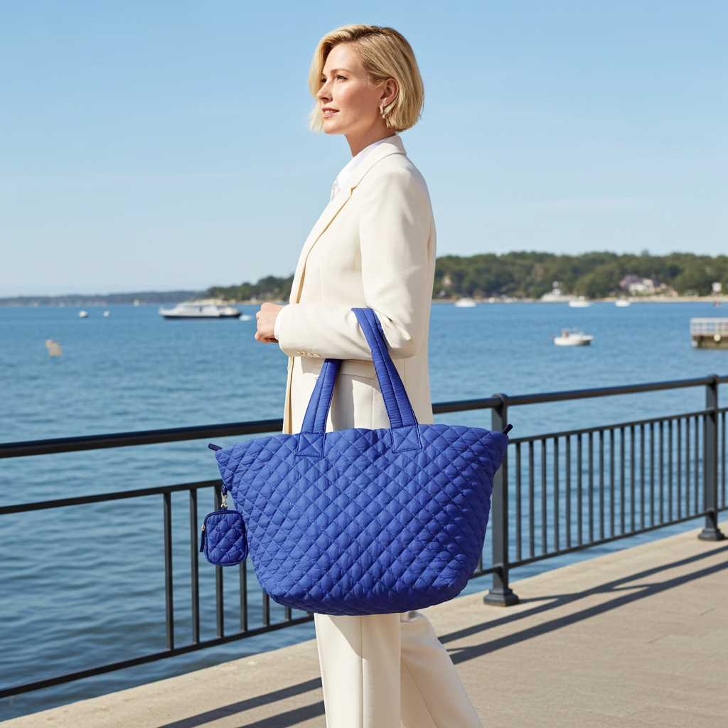 Large Quilted Nylon Tote Bag for Women – Lightweight Travel & Beach Carryall